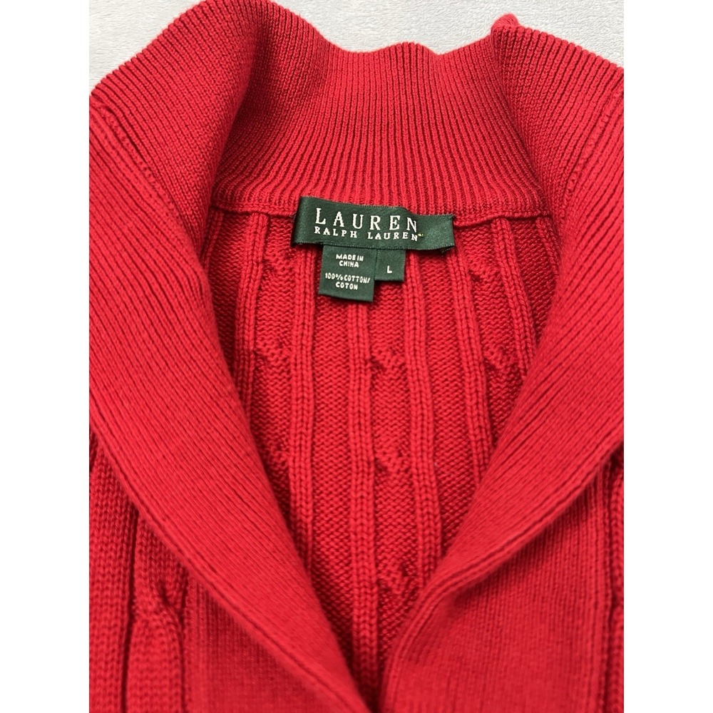 Ralph Lauren Cable Knit Sweater Womens Large Red Shawl Collar V-Neck Pullover - Picture 4 of 8